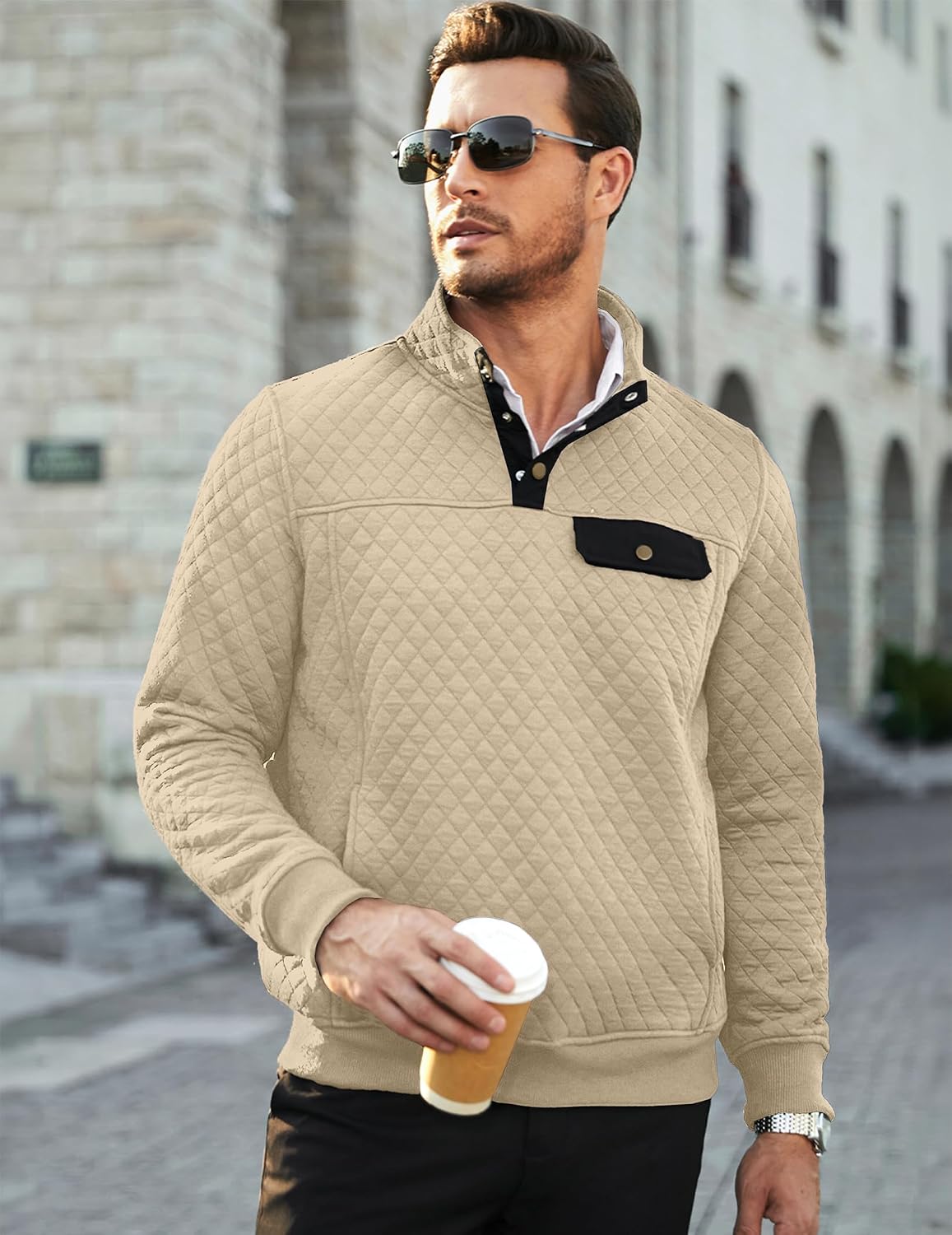 JMIERR Men's Quilted Sweatshirt Casual Long Sleeve Outdoor Stand Collar Button Pullover Sweatshirts image 3