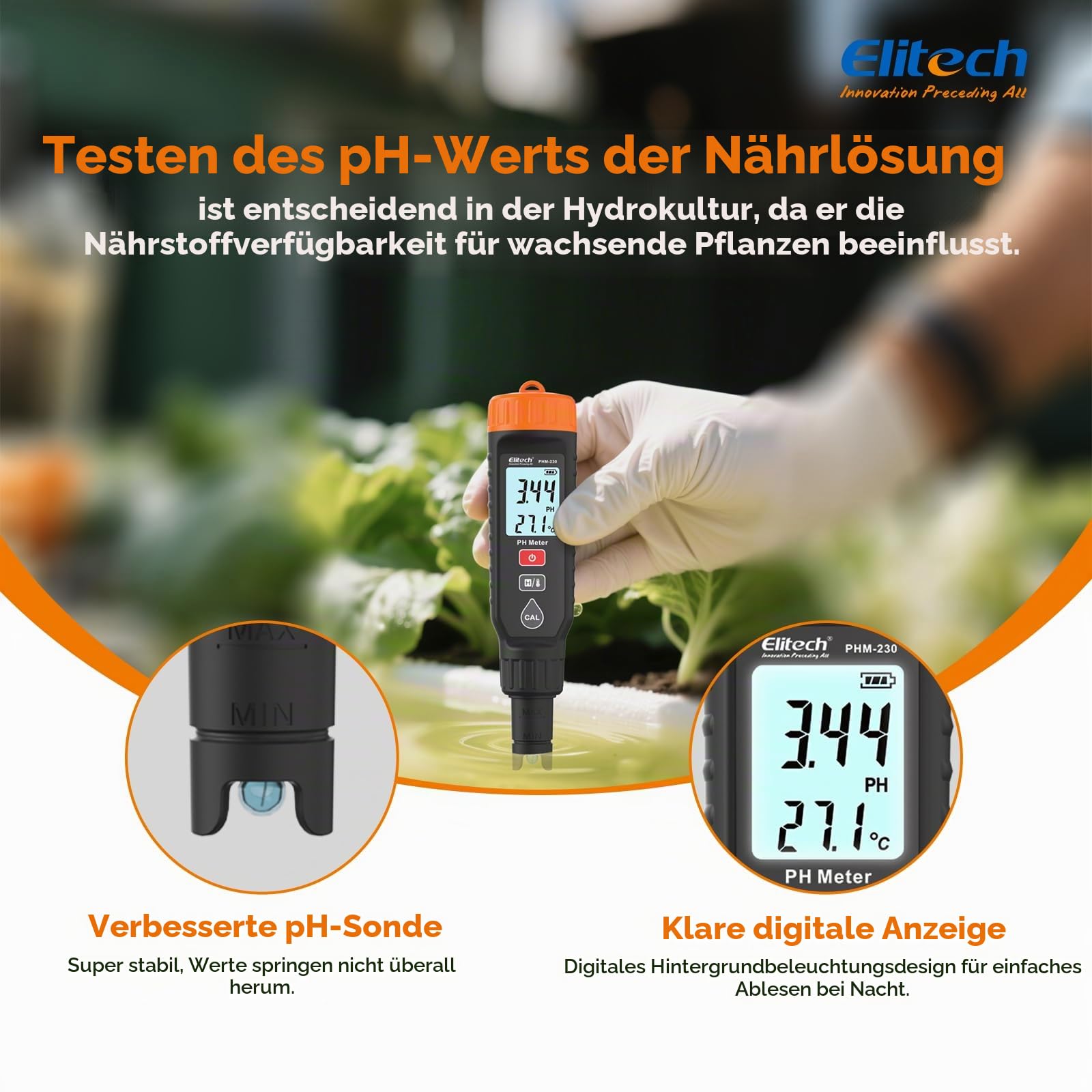 Elitech pH Messgerät mit Temperaturanzeige 0–14 pH ±0.05 Genauigkeit,pH Tester automatische Kalibrierung Hintergrundbeleuchtung mit Farbwarnung