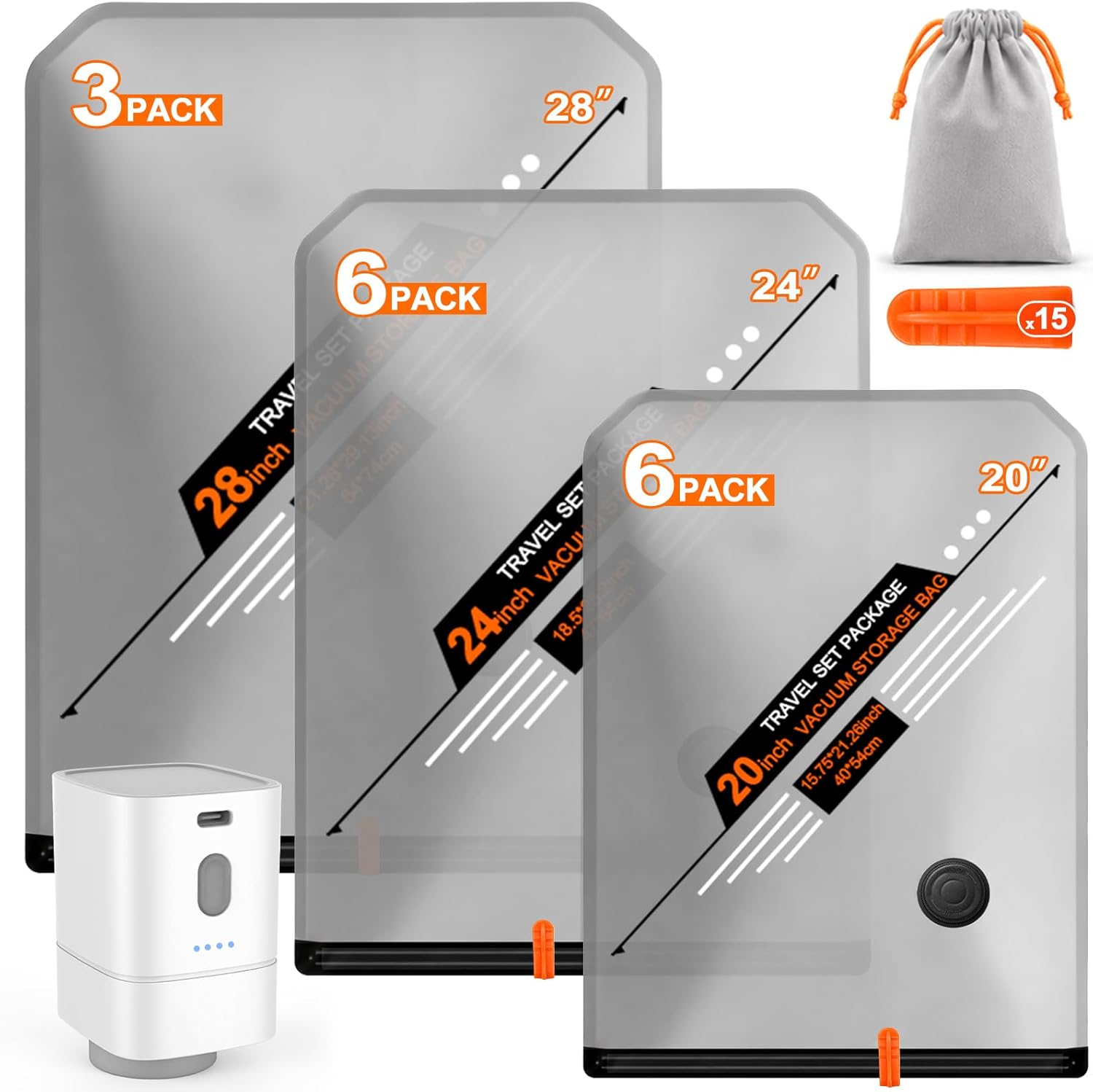 Travel Vacuum Storage Bags with Pump, Cordless Portable Vacuum Seal Bags for Clothing, Electric Rechargeable Pump Space Saver Bags Thicker Compression for Blanket, Luggage, Home Organization