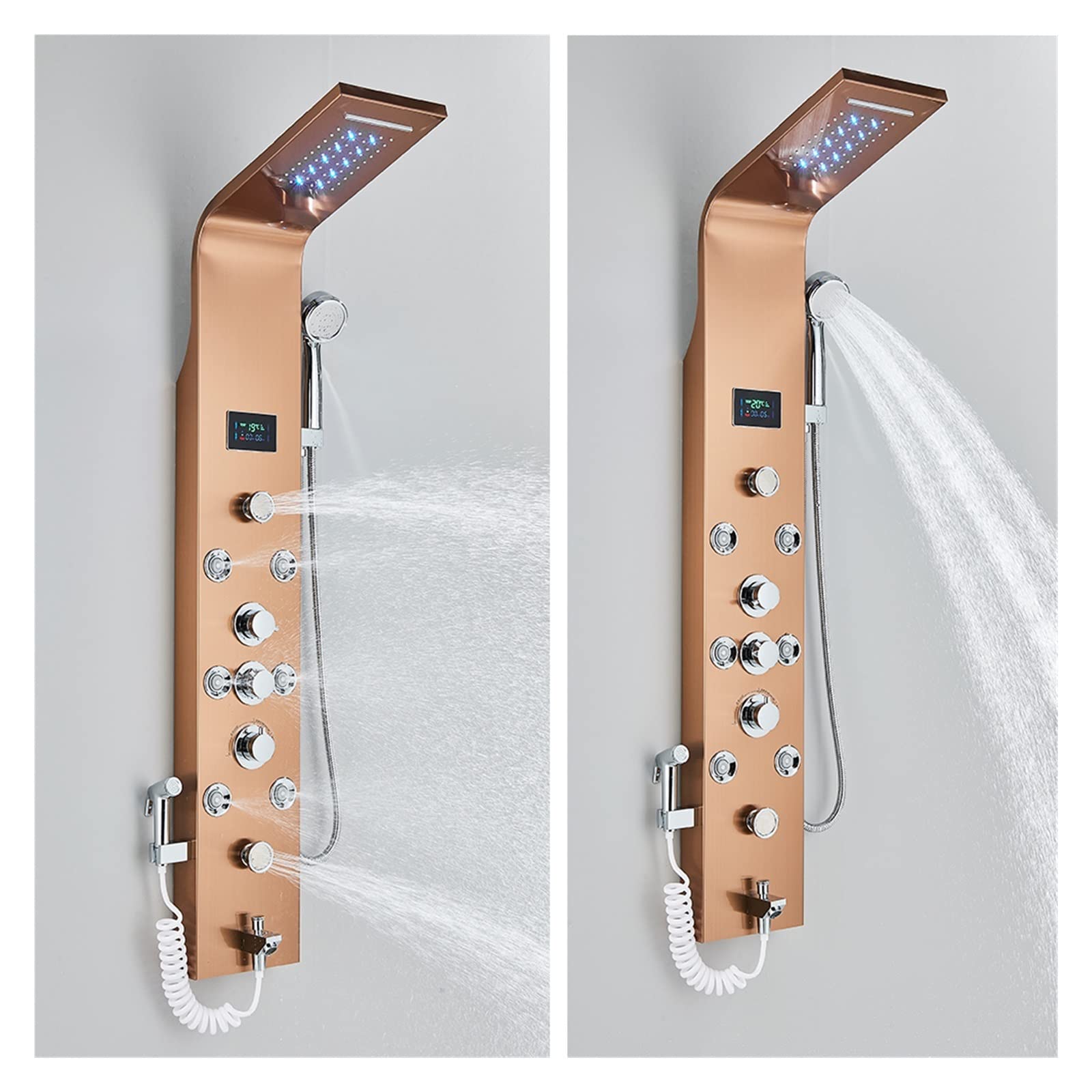 Pannello Doccia for Bagno a LED 6 modalità Colonna Doccia LCD Intelligente Sistemi for Vasca da Bagno con Cascata a Pioggia in Oro Rosa con Miscelatore a Getto massaggiante(Brushed Nickel 8007)