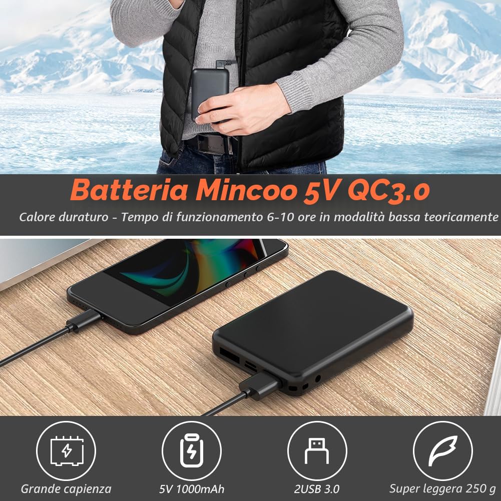 Gilet Riscaldabile per Uomo e Donna, Gilet Riscaldato USB con Batteria da 5 V 10000 mAh, Giacca Calda Invernale per Escursionismo, Caccia, Moto (IT, Testo, 3XL, Regular, Regular, Nero)