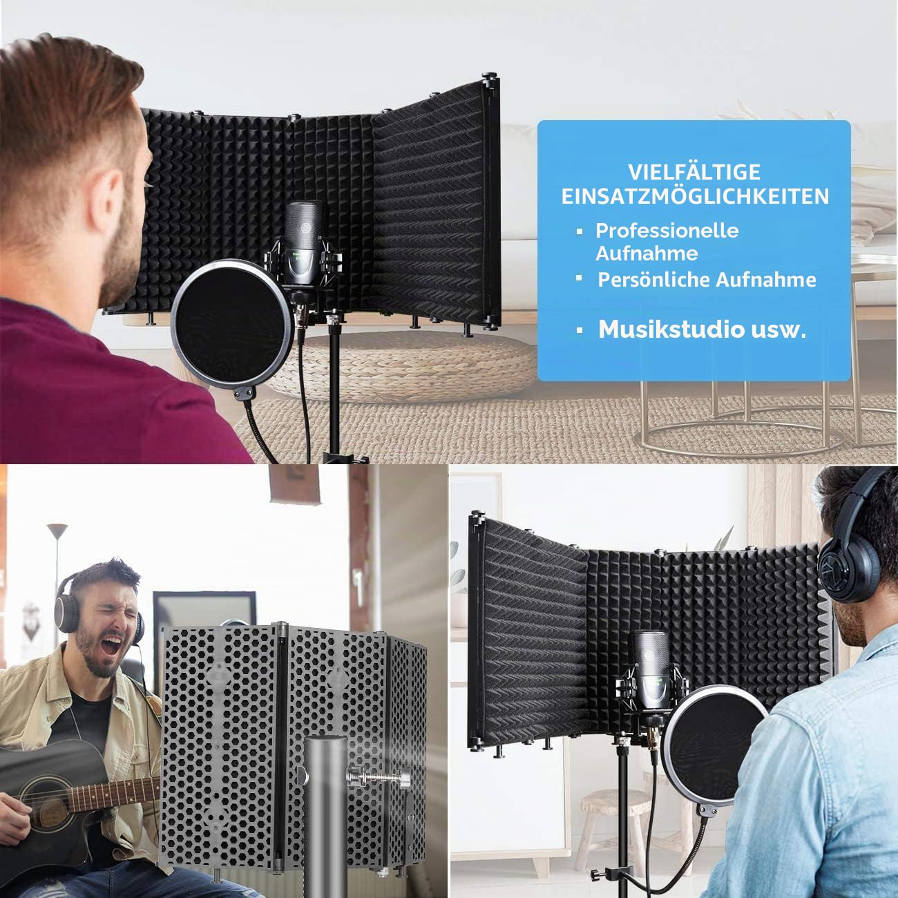 Depusheng Faltbares Mikrofon Isolationsschild Studioaufnahme Live Übertragung 5 Panel Popfilter Einstellbarer Mikrofonisolator mit hoher Dichte, Schwarz