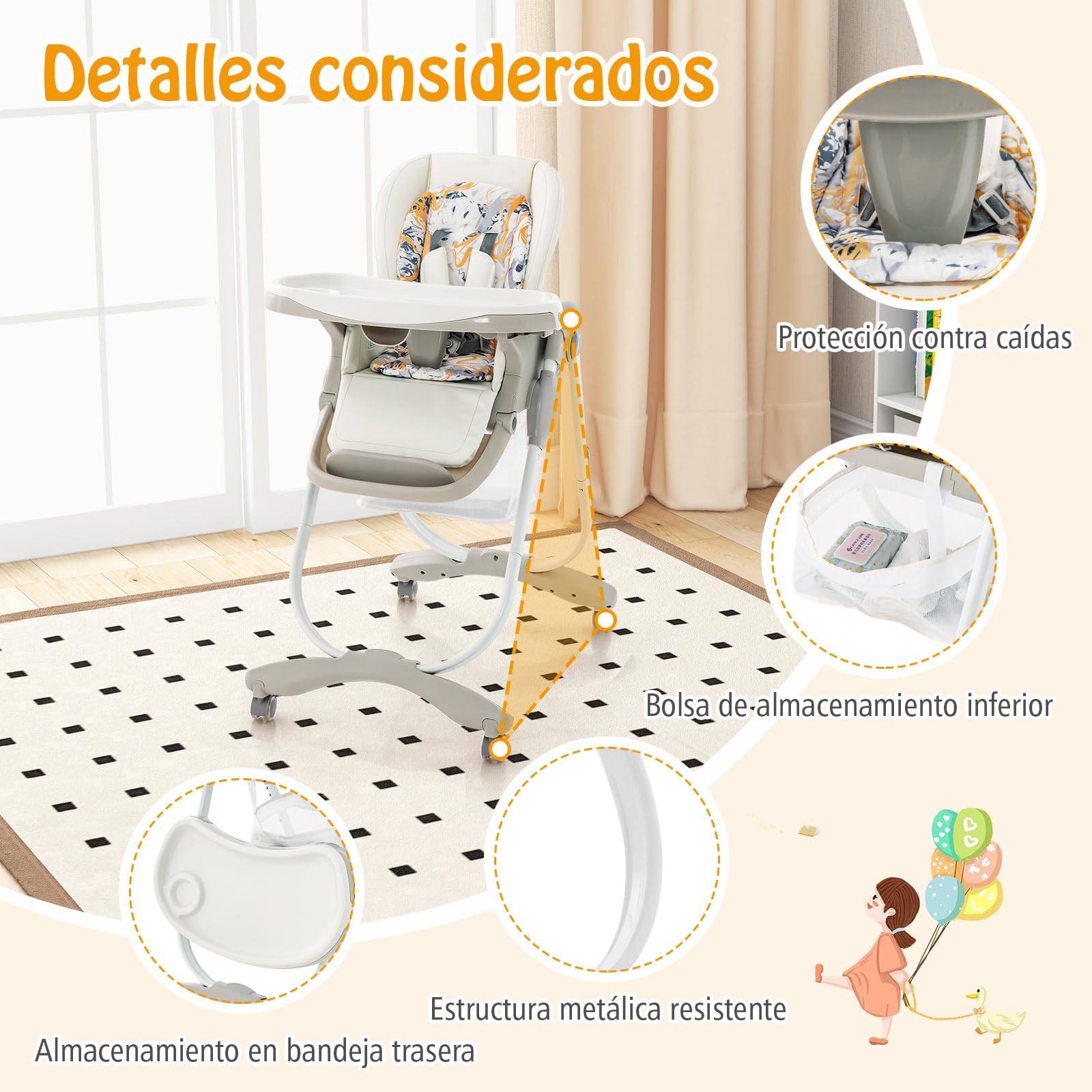 COSTWAY Tronas de Bebe Plegable, Trona Portatil Multifuncional con Ruedas Giratorias, 7 Altura Ajustable, Reposapiés y Respaldo, Bandeja de Comida Extraíble, para 6-36 Meses (Blanco)