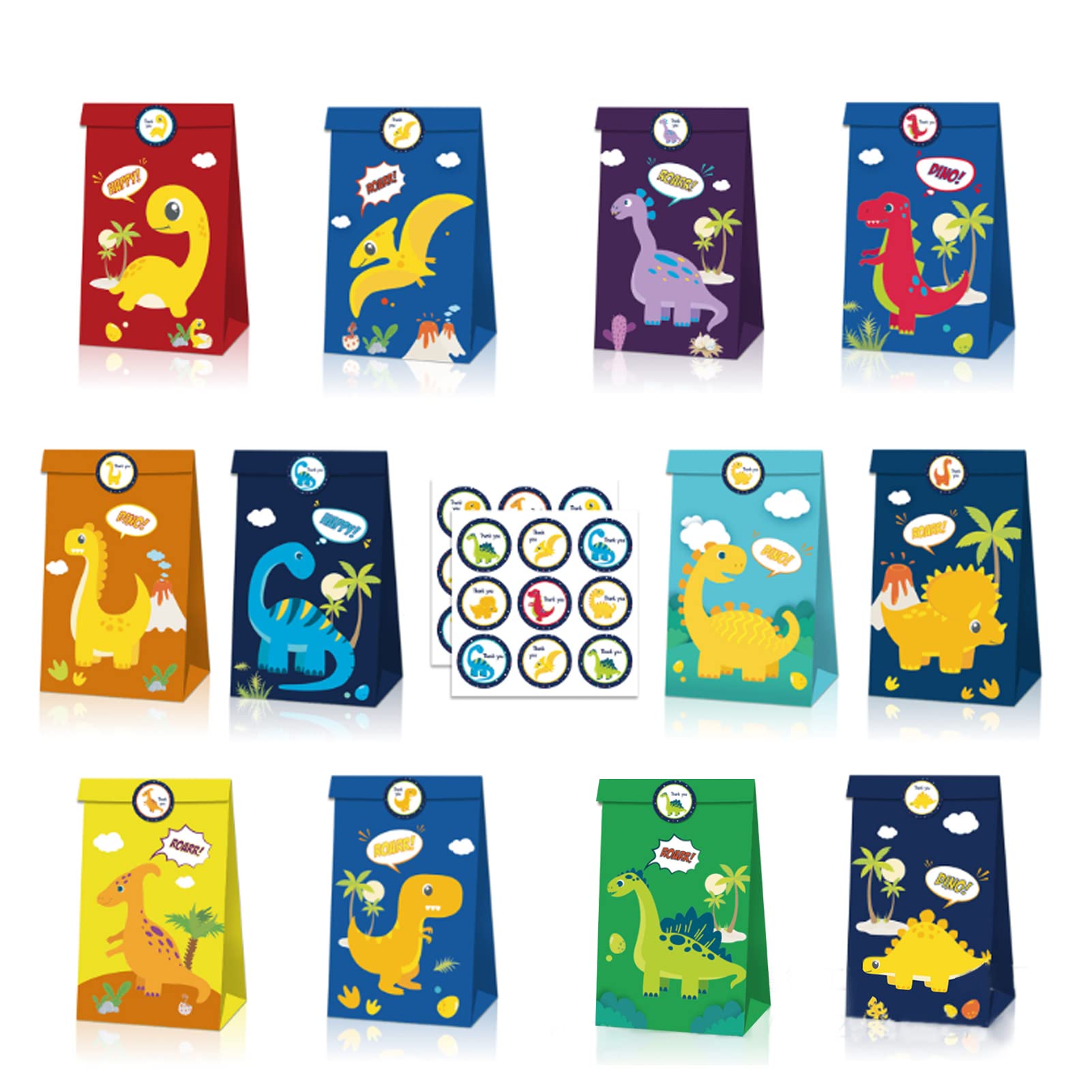DAYONG 24 Pcs Paper Party Gift Bags, Cute Cartoon Anime Dinosaur Collection Kraft Paper Bags, Gift Bag Food Bags, 22 * 12 * 8CM (12 Colors)