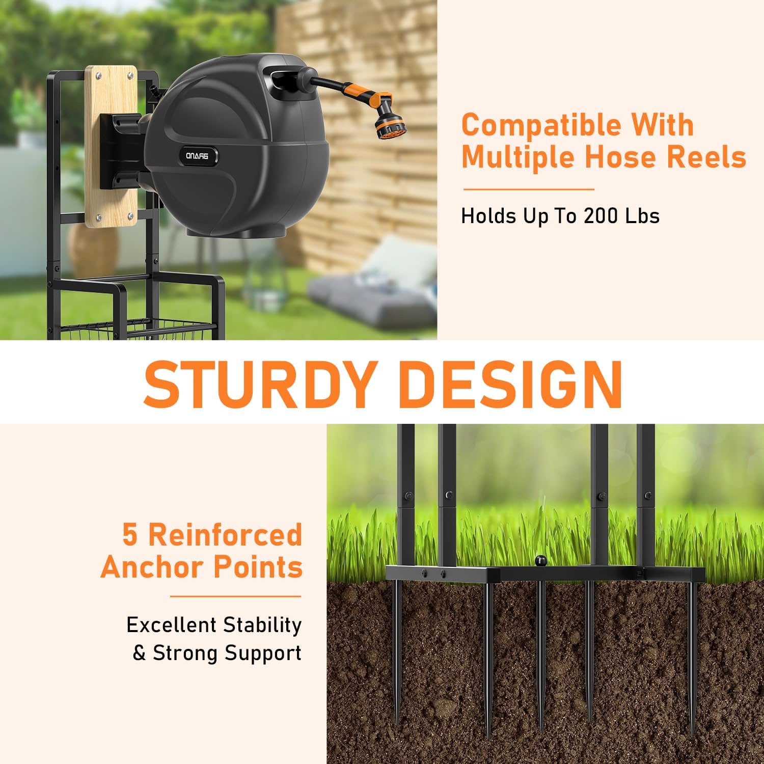 Retractable Hose Reel Stand, Freestanding Garden Hose Holder for Outside with Mounting Brackets, No Wall Installation, Fits Most Garden Hose Reels (Reel Not Included)
