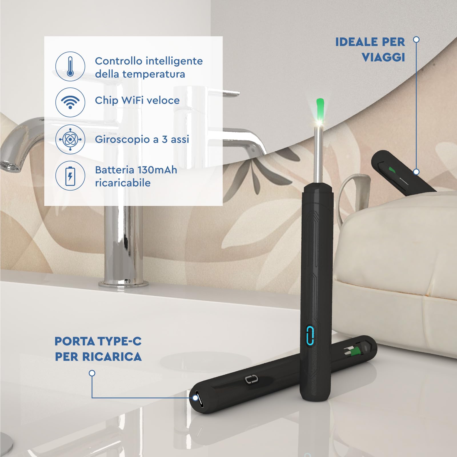 Otoscopio Pulizia Orecchie Rimozione Cerume con Telecamera 1920p WiFi 3,6mm - UdiGuard Pulitore Orecchie Digitale con 6 Luci LED Animali Adulti Bambini - Compatibile con iPhone iPad Android Nero