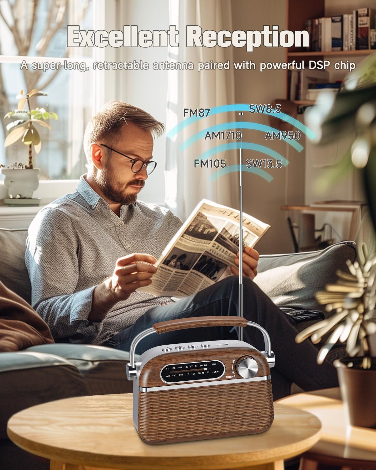 PRUNUS J-130 Retro Portable AM FM Radio AC Plug in Wall,Battery Operated/Rechargeable,Transistor Radios with Bluetooth,Vintage Wood Radio Support TF Card/USB Playing, for Dad and Mom