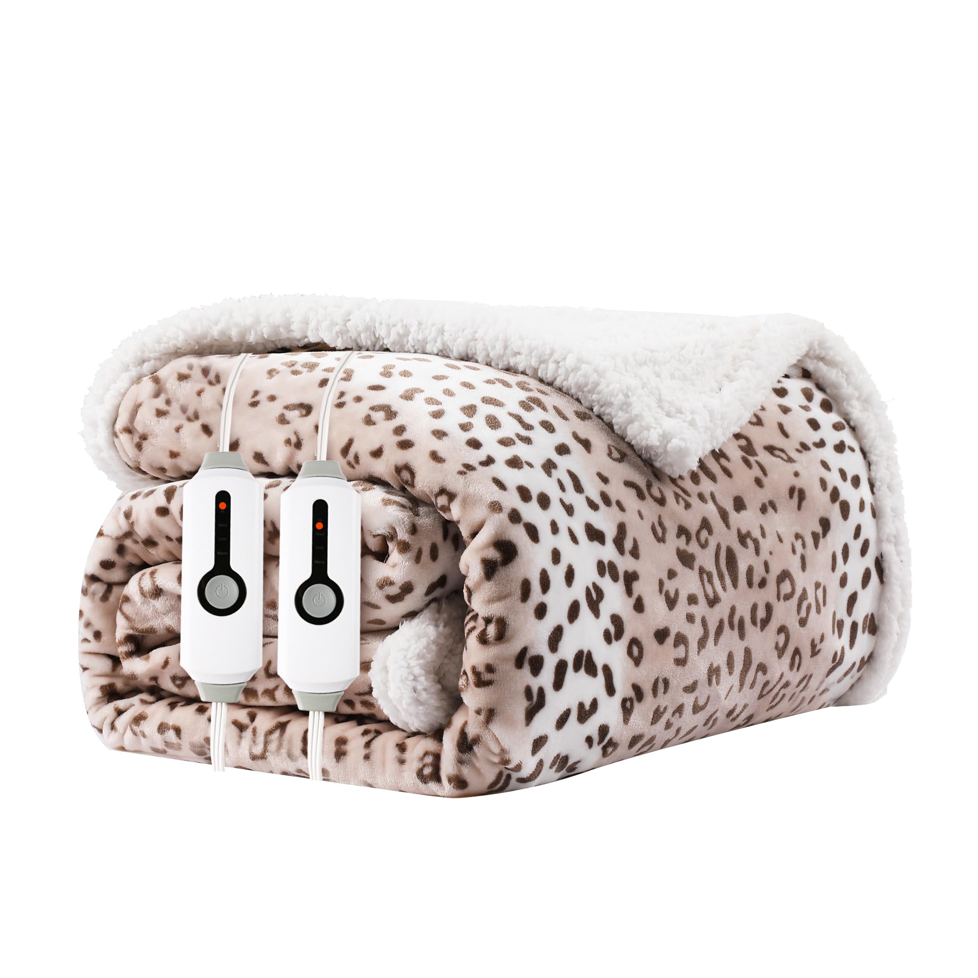 Photo 1 of RALYSUN Electric Heated Blanket 84"x90" Queen Size, Dual-Sided Microplush Sherpa for Bedroom Couch Use, 4 Heat Settings & 10 Hours Auto Off, Dual Controller, Machine Washable - Beige Leopard Print