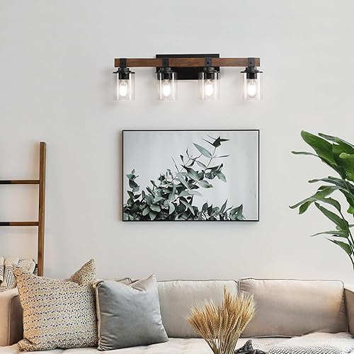 Miniatura 6 de DIKAIDA DAKAIDA - Luces de tocador de baño de 4 luces, luces de tocador de madera para baño, con pantalla de vidrio transparente, apliques de metal