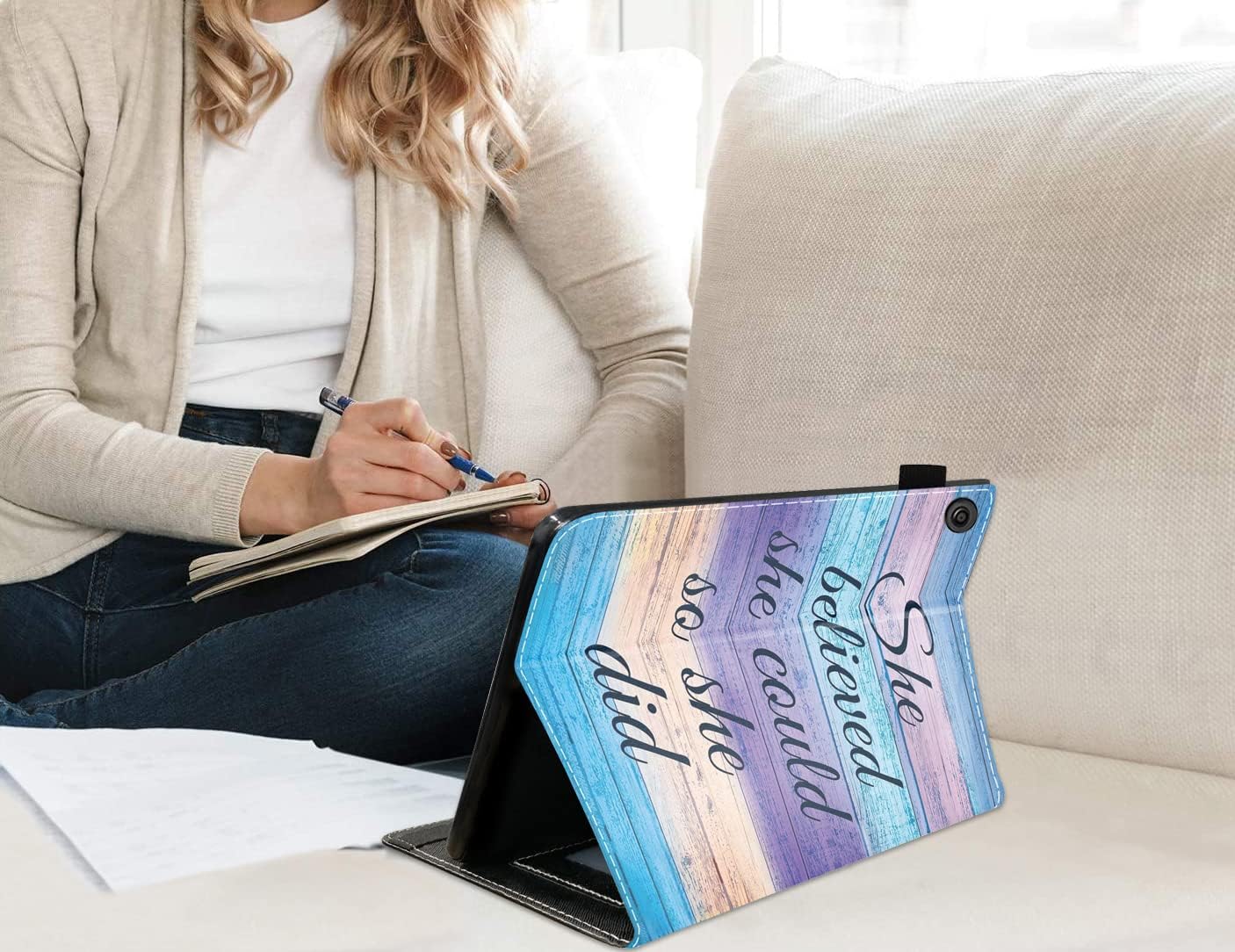 Case for Kindle Fire HD 10 Tablet 10.1" (9th/7th Generation, 2019/2017 Release), Slim PU Leather Stand Flip Cover with Card Slot & Pencil Holder, She Believed She Could So She Did Inspirational Quote