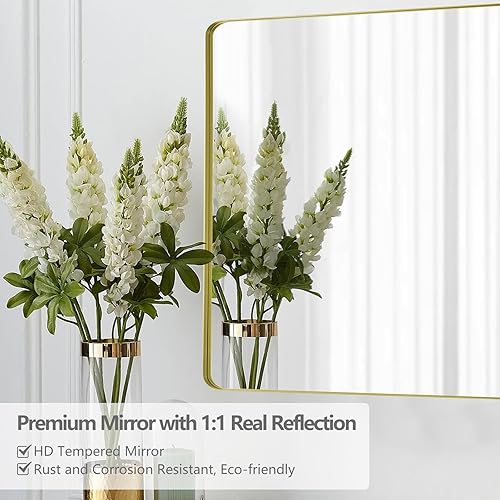 Miniatura 8 de Espejo de baño dorado de 32 x 24 pulgadas, espejo de pared dorado, espejo de tocador de baño con esquina redondeada, inastillable