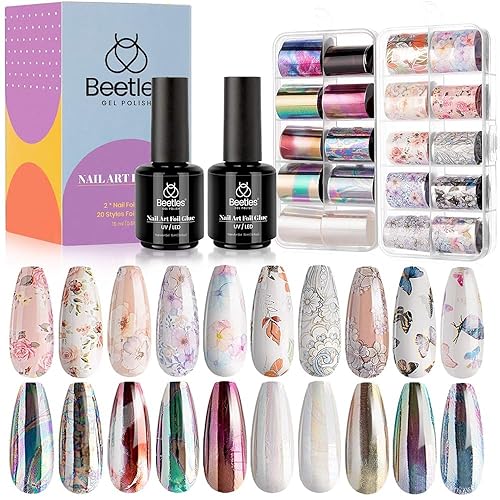 Juego de 2 botellas de pegamento para uñas de Beetles, de 0.5 onzas líquidas, con 20 adhesivos de flores y mariposas, de lámina de metal, para