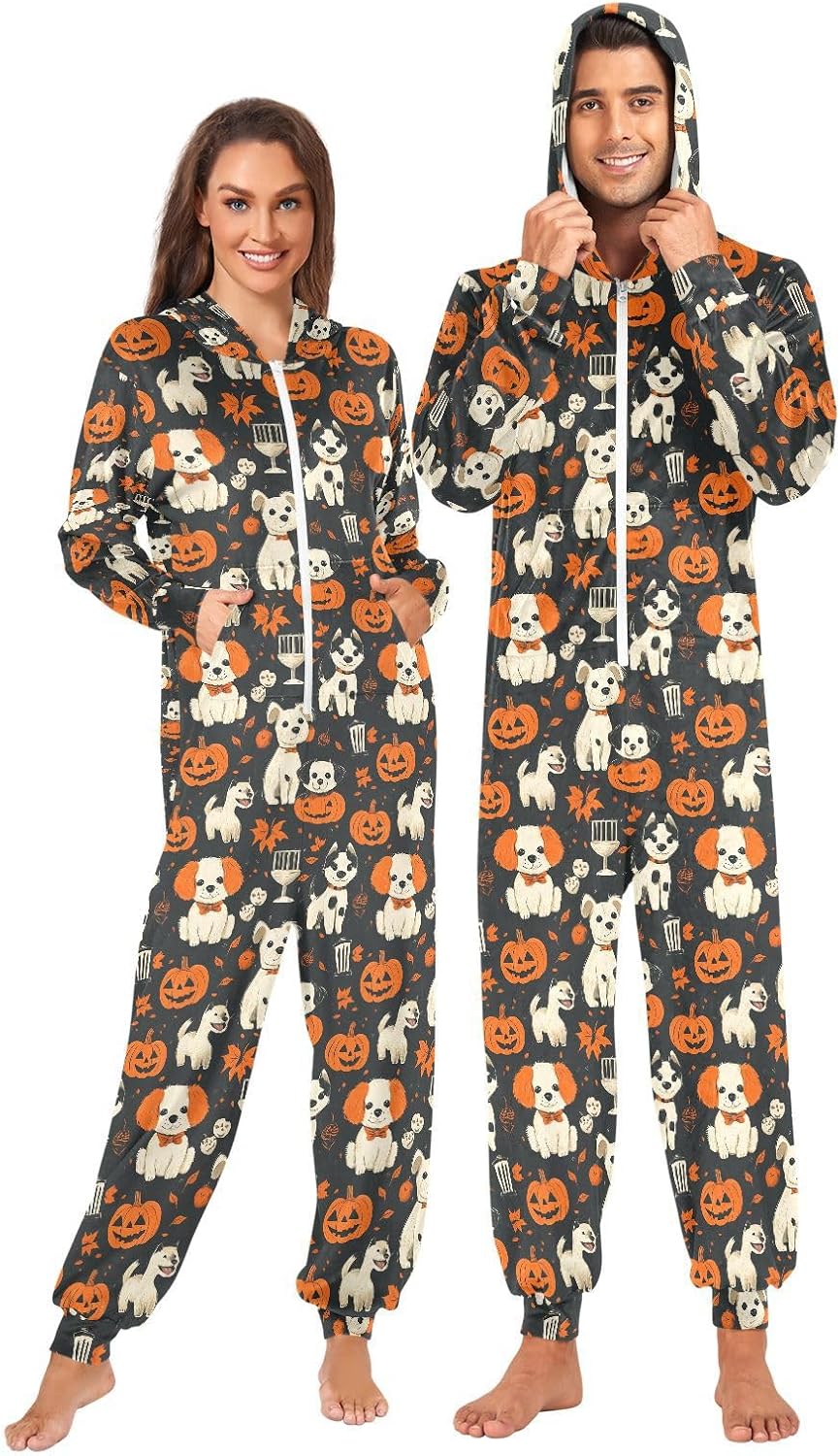 Halloween White Dogs Pumpkin Zipper Hooded Adult Jumpsuit Pajamas with Pockets XS-3XL