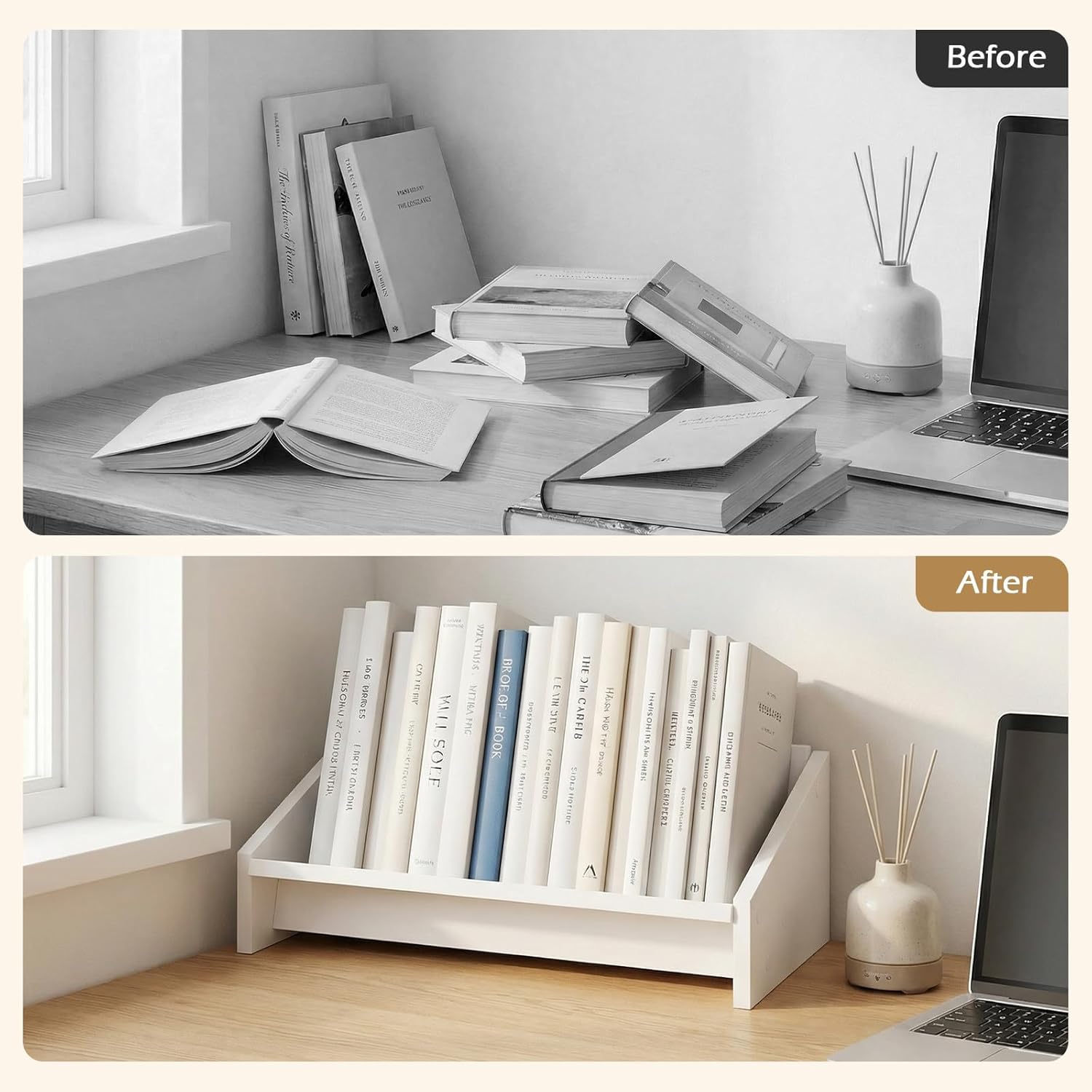 Giantex Wood Desktop Bookshelf, Tilting Tabletop Bookcase for Magazine, CDs & Video Game Disc, Vinyl Record Storage Holder Rack, Modern Desk Shelf for Living Room Bedroom, White (1)
