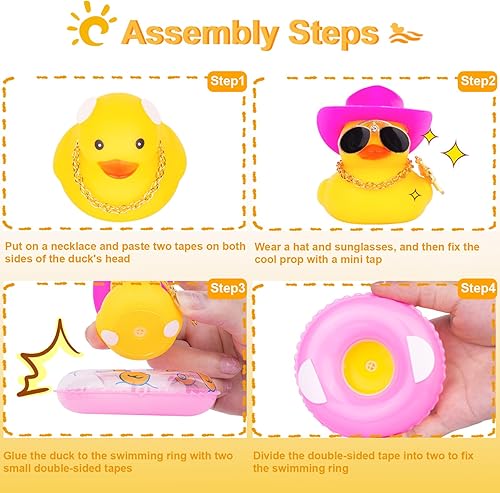 Miniatura 3 de MuMyer Adorno de pato amarillo para automóvil, anillo de natación de patos de goma para decoración de tablero con mini sombrero de vaquero, collar