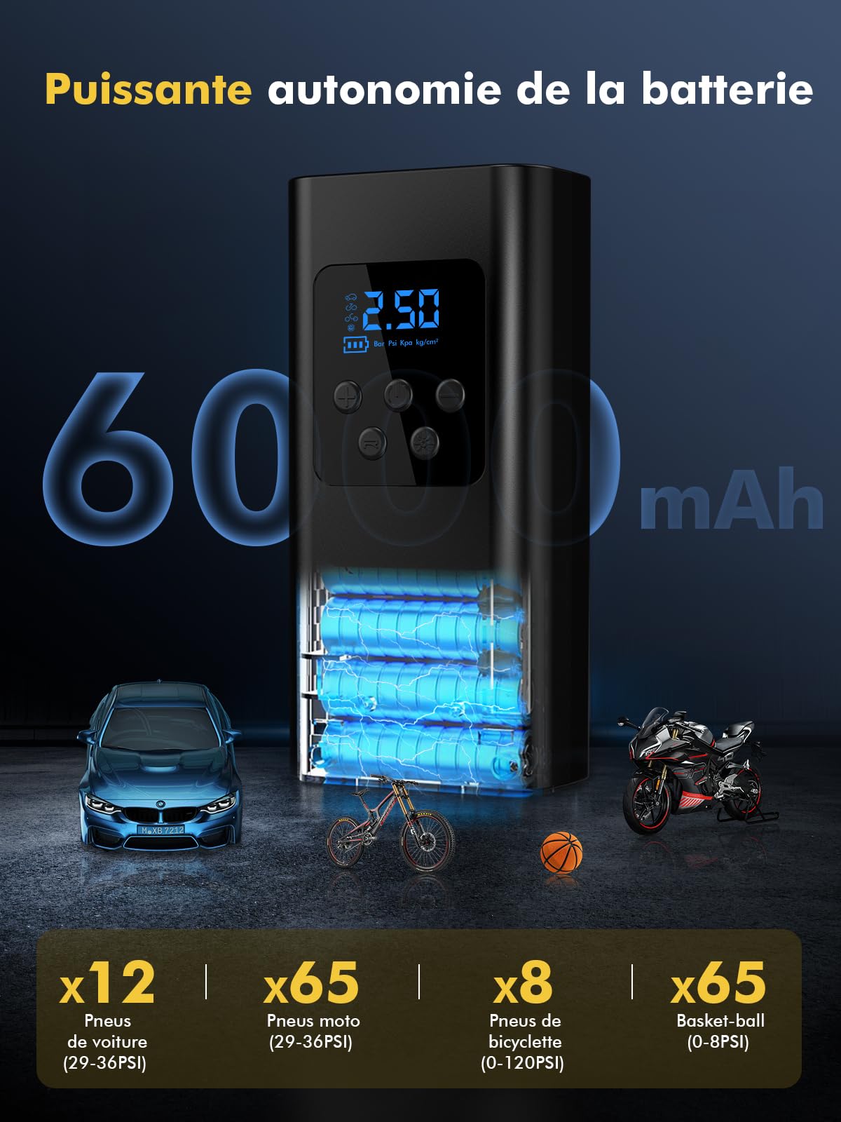 Gonfleur de pneus sans Fil, compresseur d'air Portable 45 L/Min | Pompe à air électrique avec batterie, compresseur pour voiture, moto électrique avec lumière LED, 6000 mAh, 4 modes