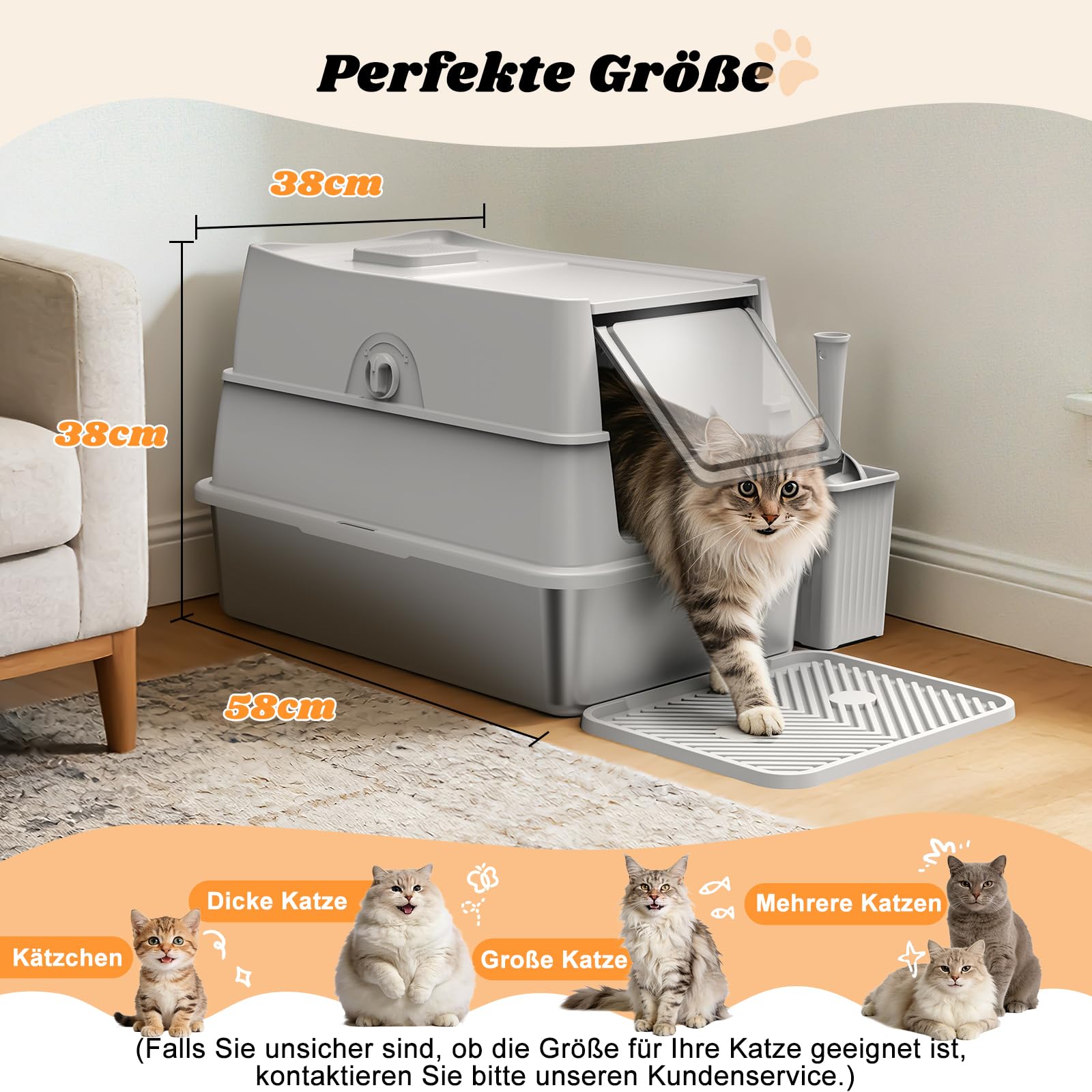FURTIME Katzenklo Edelstahl mit Deckel, Katzentoilette Edelstahl mit Deckel Große XL, Geschlossene Metall Katzenklo Hoher Rand und 100% Auslaufsicherheit mit Matte und Müllbehälter-Set