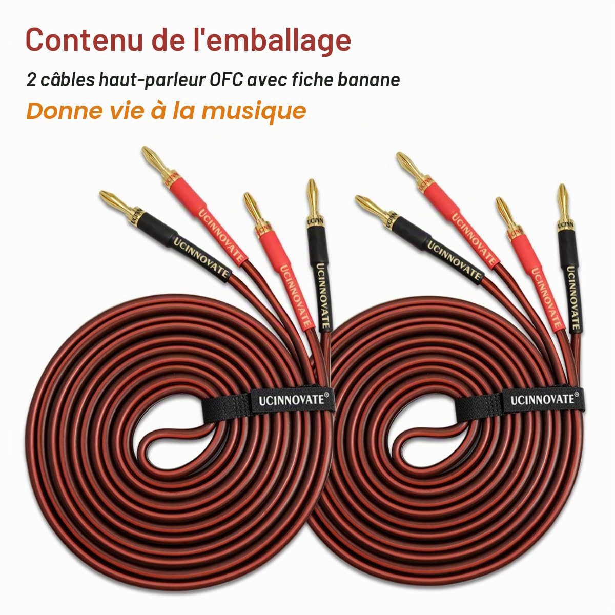 Lot de 2 câbles de haut-parleur HiFi OFC haut de gamme en cuivre pur OFC avec fiche banane, fiches bananes plaquées or de 4 m, 600 brins, 14 AWG, système HiFi, Home Cinéma