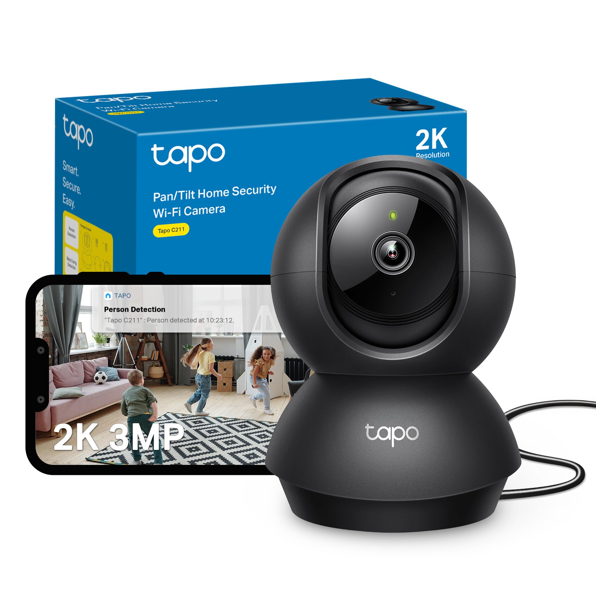 Tapo C211 2K 3MP Pan/Tilt Indoor Camera House Security Camera, WiFi Camera, No Monthly Fee, AI Detection, Dog Camera, Baby Camera Monitor, CCTV, 360° View, Night Vision, Works with Alexa & GoogleTapo C211 2K 3MP Pan/Tilt Indoor Camera House Sec…
