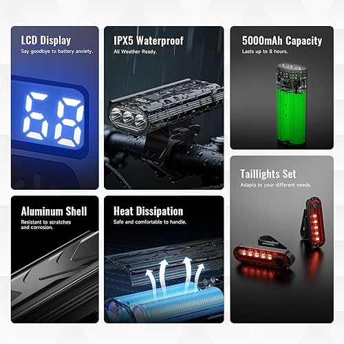 Miniatura 5 de Rechargeable Bike Lights for Night Riding High Lumens with 2 Pack Taillight, Super Bright Bicycle Headlight & Tail Light Set, Safety Light Front and