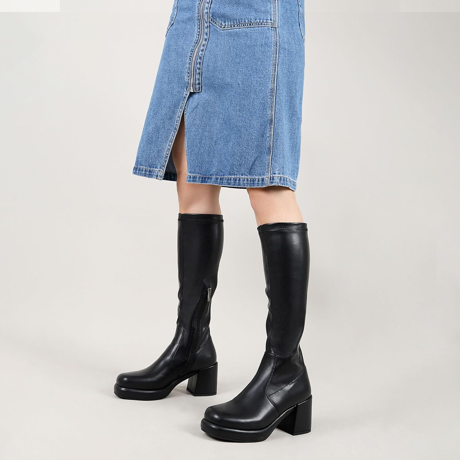 LanreyTaley Elastic Women Knee High Boots Platform Chunky Heel Tall Boots Suede Dress Boots Side Zipper Stretch Boots Fall - Image 7