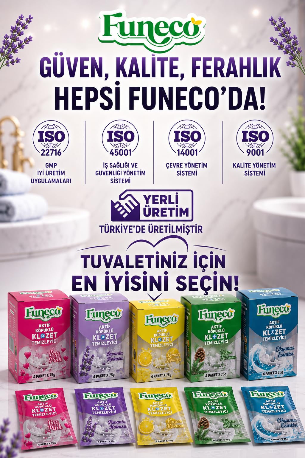 Funeco Tuvalet Klozet WC Lavabo Temizleyici Aktif Köpüklü Doğa Dostu 4x75g (300g) Aylık Paket – Lavanta Ferahlığı