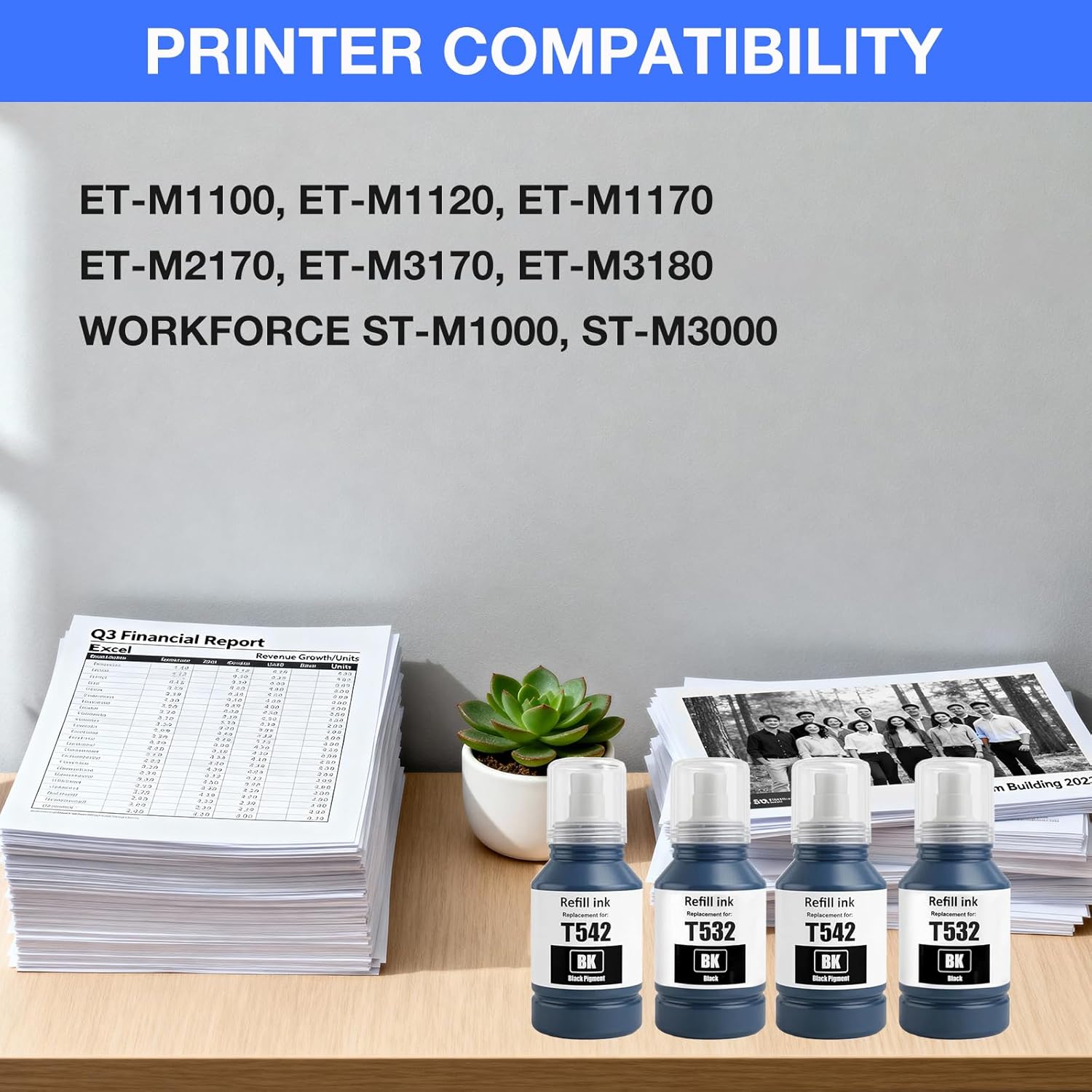 532 Compatible for 532 Ink for ImageRunner Advanc ET-M1170 ET-M2140 ET-M2170 ET-3170 ET-3180 ST-M1000 ST-M3000 Printer Ink Black, 4-Pack T532120-S (4 Black)