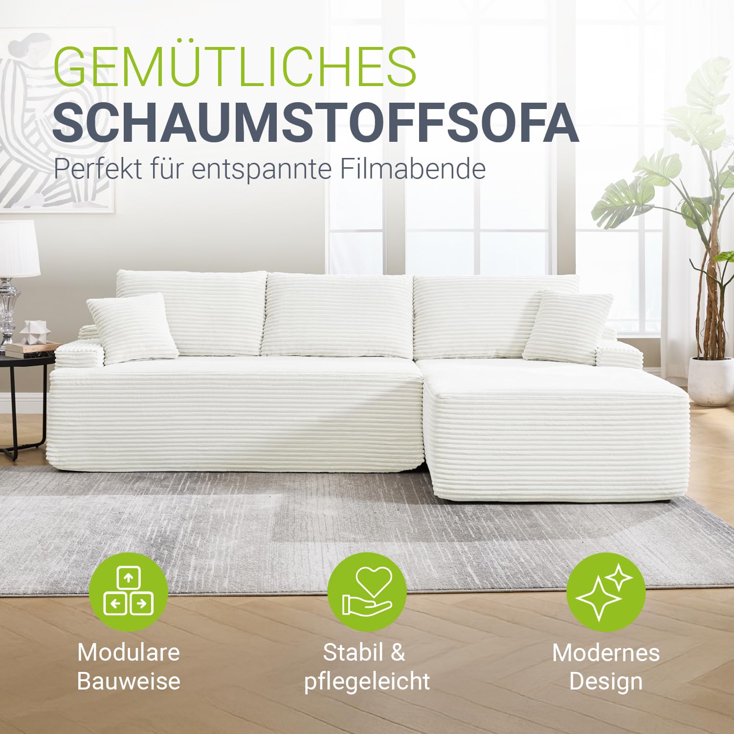 Juskys Sofa Coredo - modernes Cord Sofa mit Ottomane rechts, gemütliche Couch mit Schaumstoffpolsterung, Cordbezug & Kissen, modular - Creme