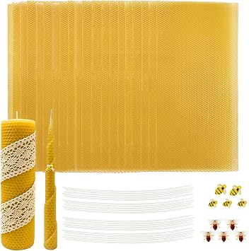 Lacaser Beeswax Sheets for Candle Making Kit, 20 Pcs 8"x16" Pure Bees Wax Made Sheets Equals to 40pcs 8"x8" Beeswax Sheets, Include Bee Ornaments,Cotton Candle Wicks for Bulk Candle Making
