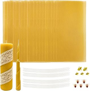 Lacaser Beeswax Sheets for Candle Making Kit, 20 Pcs 8"x16" Pure Bees Wax Made Sheets Equals to 40pcs 8"x8" Beeswax Sheets, Include Bee Ornaments,Cotton Candle Wicks for Bulk Candle Making