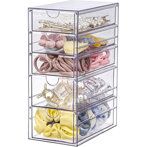 FABROK Clear Hair Accessory Organizer Box with 5 Drawers, Compact Storage Organization Drawers Set for Cosmetics, Glasses, Stationery, Stackable Storage Containers Box for Bathroom, Closet, Desk, Office