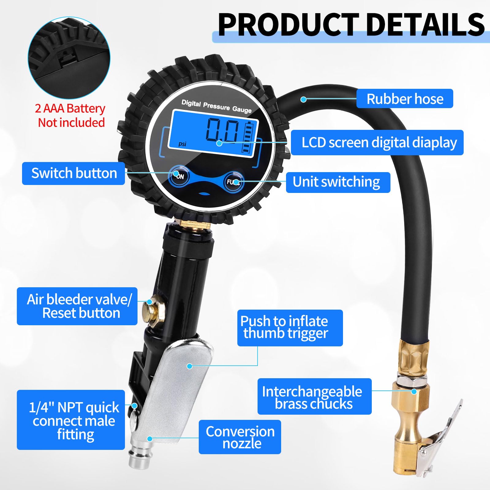 SWAWIS Manometro Pressione Gomme 200 PSI Pistola Gonfiaggio Pneumatici Manometro Digitale Kit Gonfiaggio Pneumatici Auto Gonfiatore per Pneumatici per Auto, Moto, Bicicletta