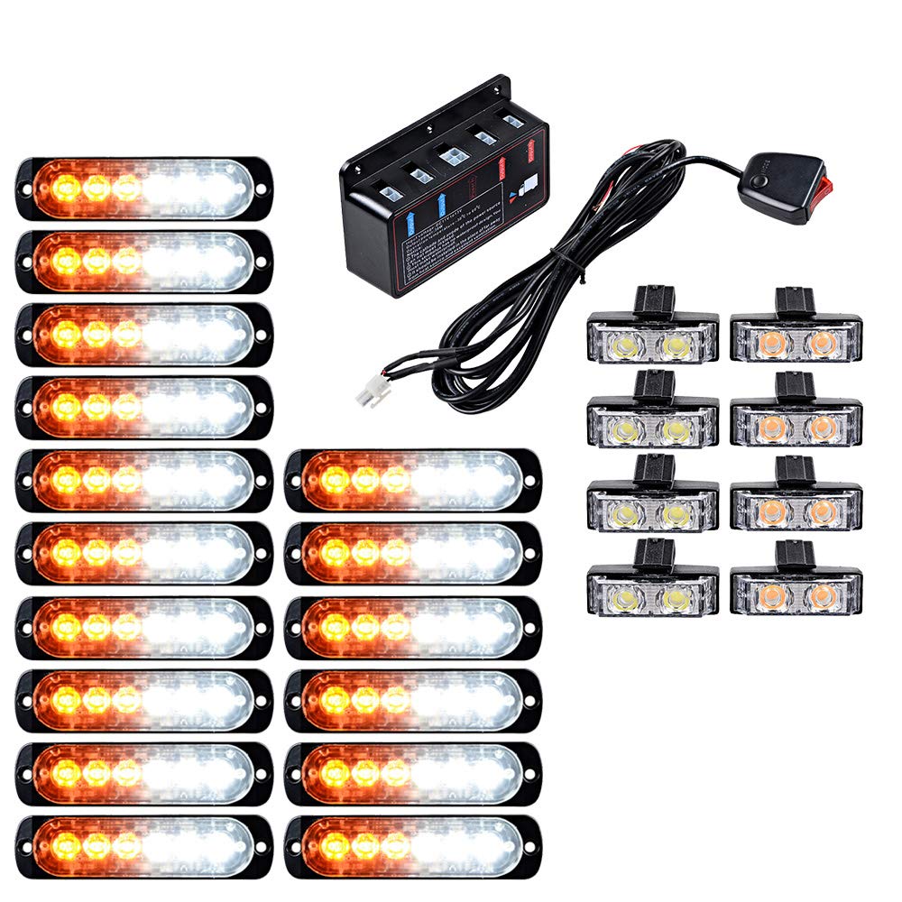Astra Depot 16PCS Ultra Slim 6-LED 18W Emergency Hazard Caution Surface Mount Strobe Light & 8pcs Car Truck Grille Deck Dash Flashing Light - Amber White