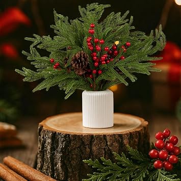 HBell 6Pcs Norfolk Pine Stems,18''Real Touch Artificial Pine Branch Christmas Foliage Picks Tree Filler Branches for Xmas Vase Filler Wreath Garland Home Decor (Pinecone)