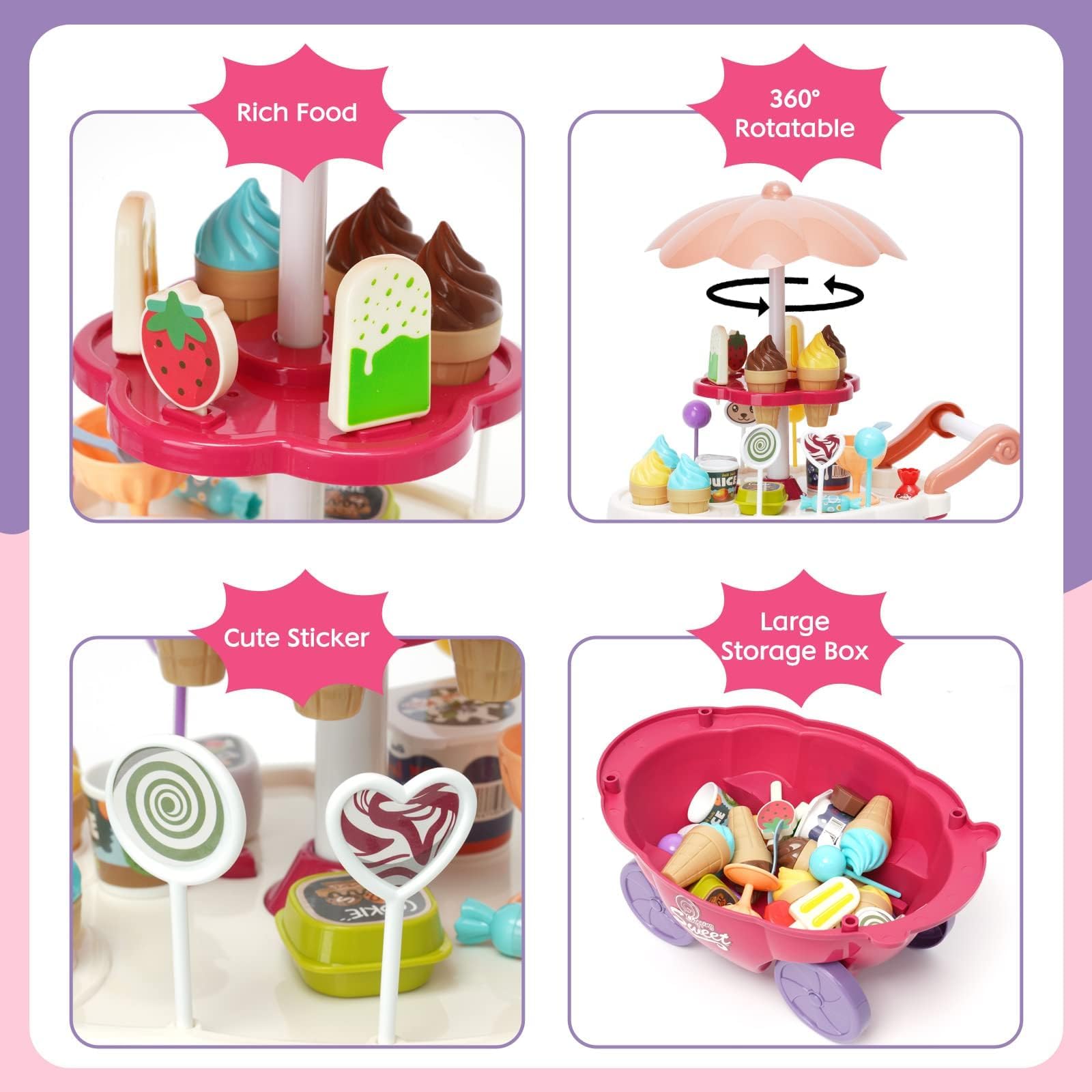 Carrito de Helados para Niños, Heladeria Juguete 36 Piezas , Juguete de Helado con Piruletas de Chocolate, Tienda de Helados Educativos Regalo para Niñas 3 4 5 6 años