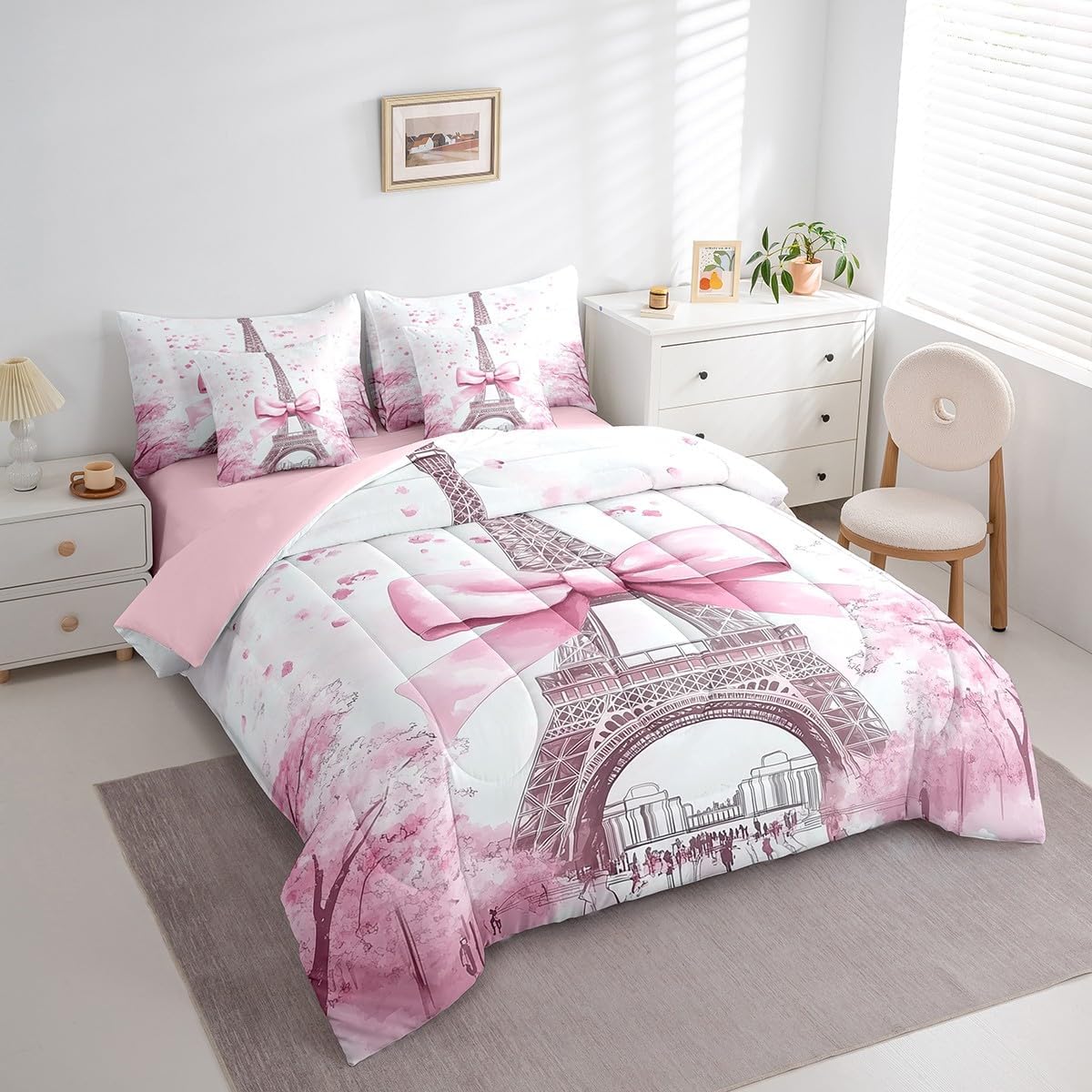 Manfei 7 Pieces Eiffel Tower Comforter Set Twin Size, Pink Bowknot Flower Bedding Set for Kids Boys Girls Room Decor, Paris Theme Bed in a Bag with Comforter, Fitted Sheet, Top Sheet and Pillowcases