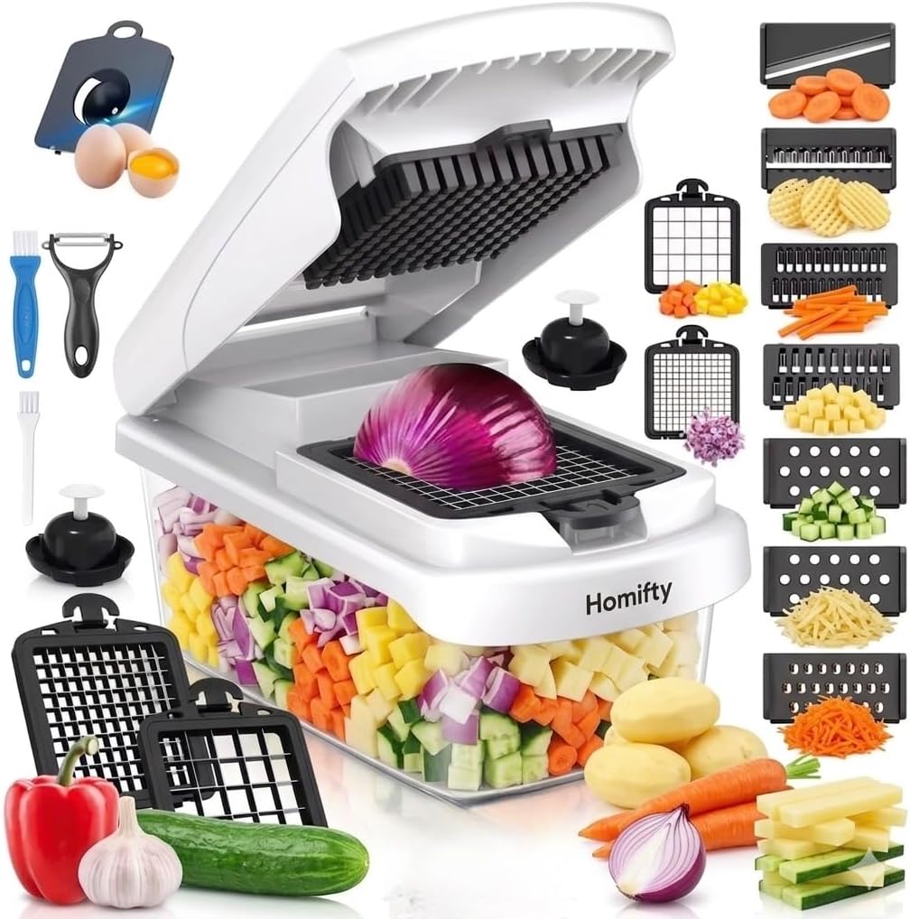 Homifty-Vegetable Chopper 18-in-1 – Set with Interchangeable Stainless Steel Blades, Food Dicer and Slicer with Container, Onion Cutter, BPA Free, Dishwasher Safe