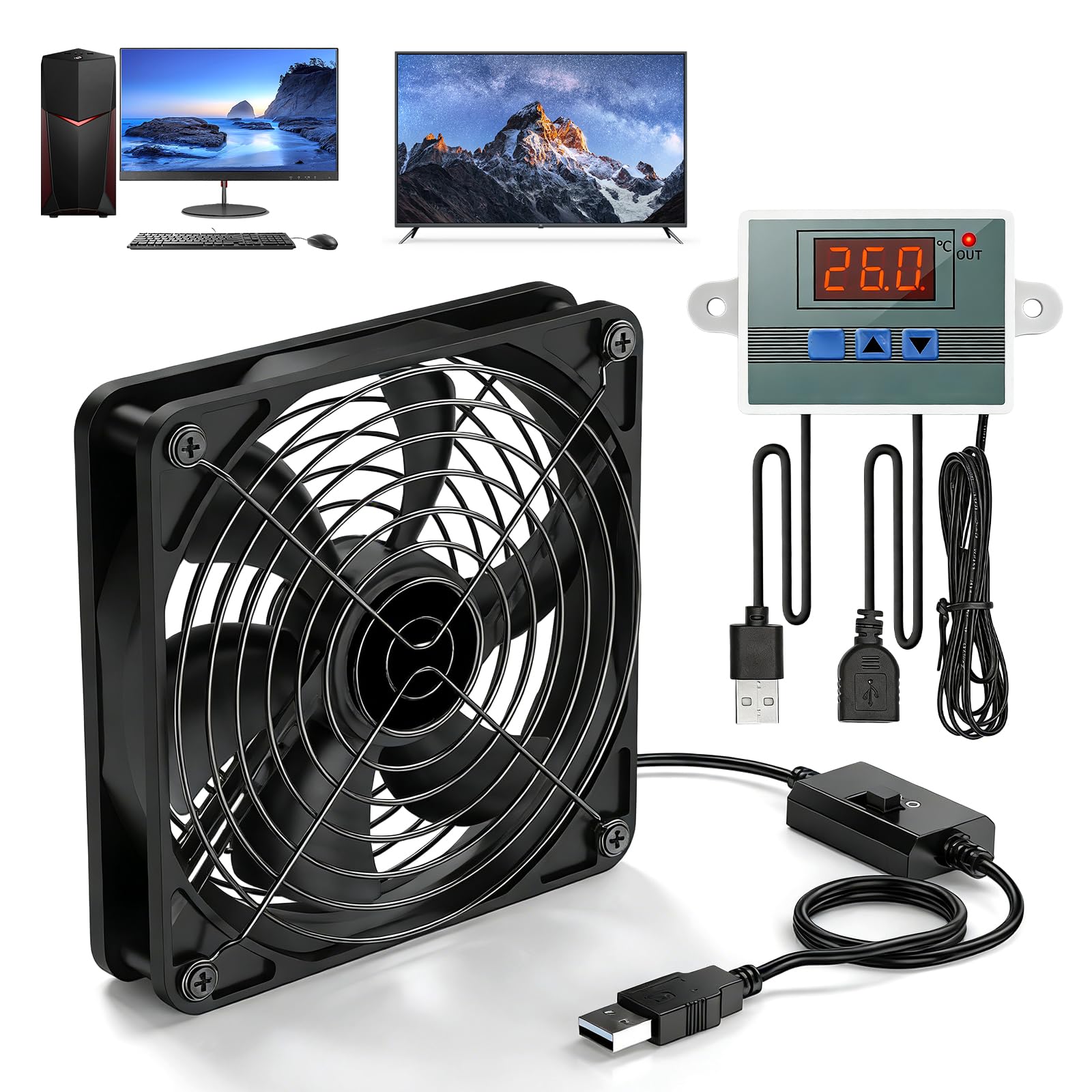 Wentylator 140 mm, do kina domowego z cyfrowym regulatorem temperatury, wentylator USB, wentylator 5 V z 3 regulowanymi prędkościami, wentylator chłodzący do kina domowego, AV, szafy, szafki na