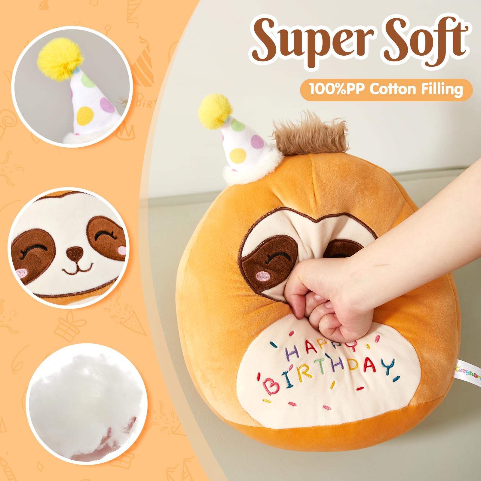 Soft Birthday Sloth Plush Pillow - Cute Stuffed Animal With Hat & Embroidery - Gift For Kids & Toddlers - View #9