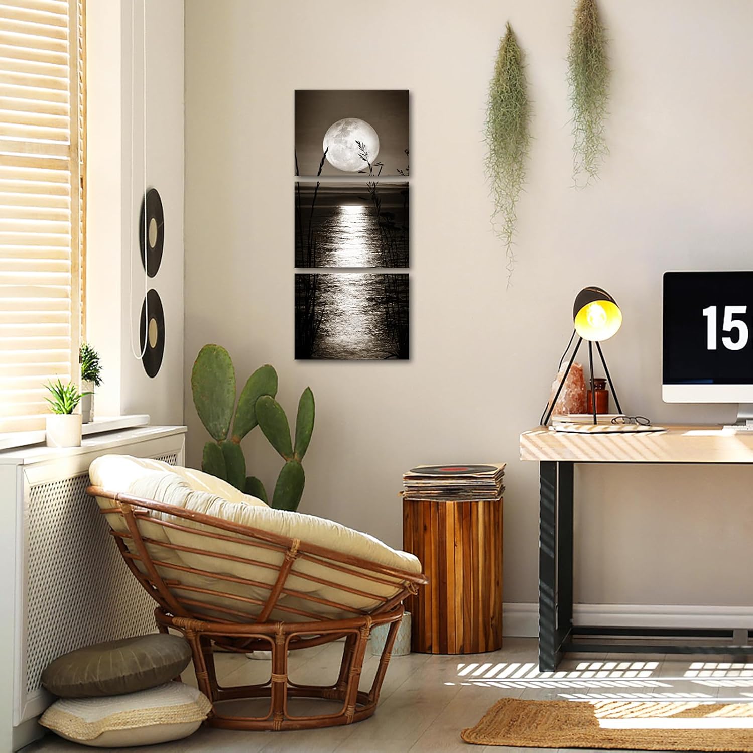 VANSEEING 3 Pieces Full Moon Phase Canvas Wall Art Vertical Dark Sepia Moon on Sea Peaceful Landscape Picture Prints Modern Artwork Wall Decor for Bedroom Mens Apartment Home Decoration 12x16inchx3