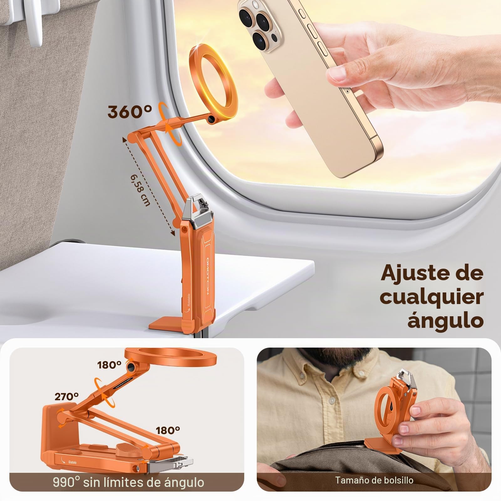 OMOTON TP02 Aluminio Trípode Magnético para Teléfono, Rotación 360° para Trípode con MagSafe, Soporte Ajustable 4 en 1 para iPhone 17/16/15/14 Pro MAX Air, Ideal para Gimnasio, Vlogs y Viaje, Naranja
