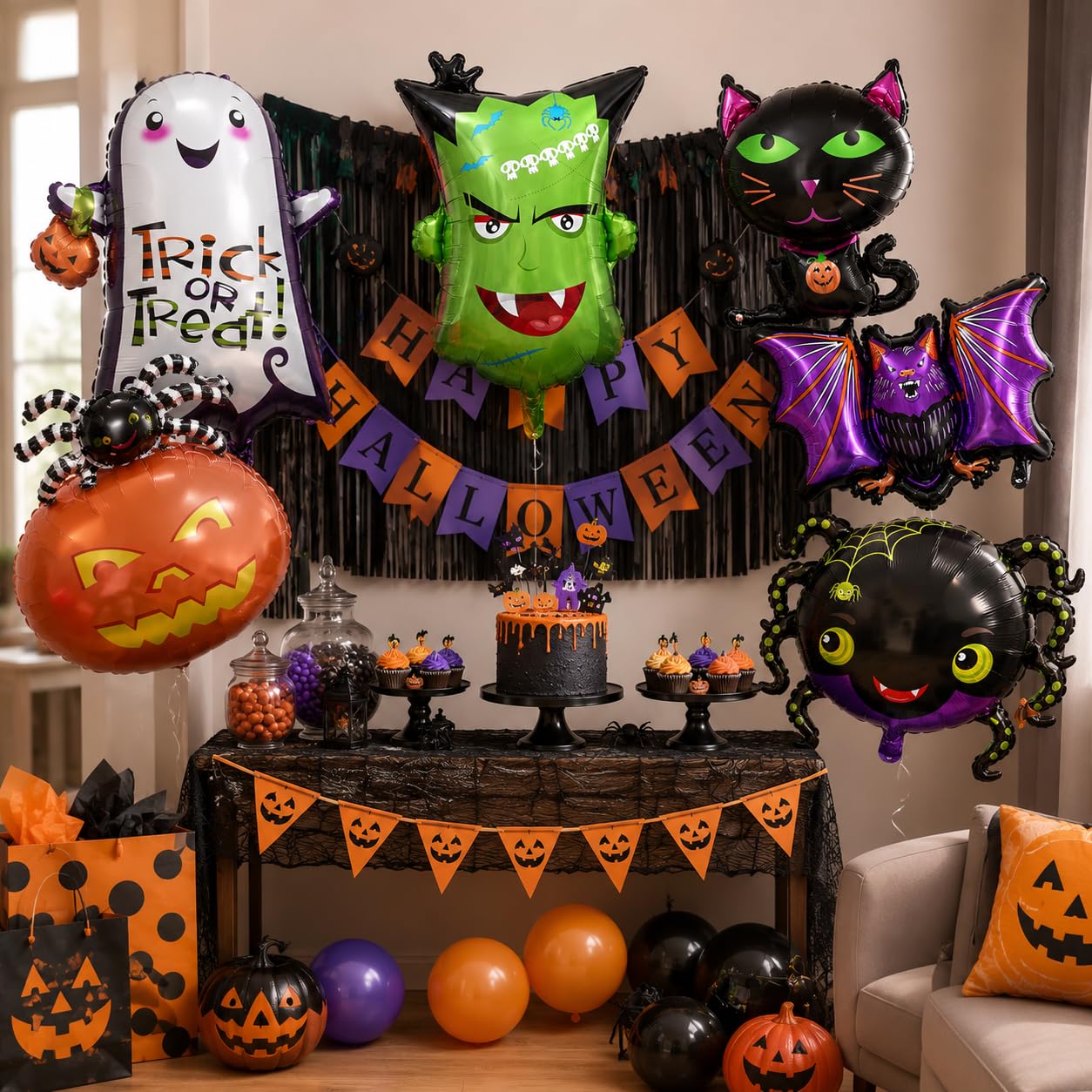 Halloween Deko Folienballon Set, 6 Stück XXL Luftballon Geist Katze Spinne Kürbis Fledermaus Grün Monster Kopf Happy Halloween Ballon für Kinder Horror Thema Trick or Treat Gruselig Party Dekoration