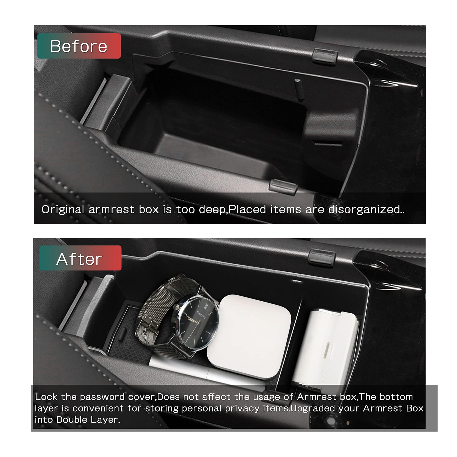 Boîte Accoudoir Peugeot 208 2013-2018 - Avec Porte-Gobelets Et Rangement Double - Noir Cuir - Installation Facile