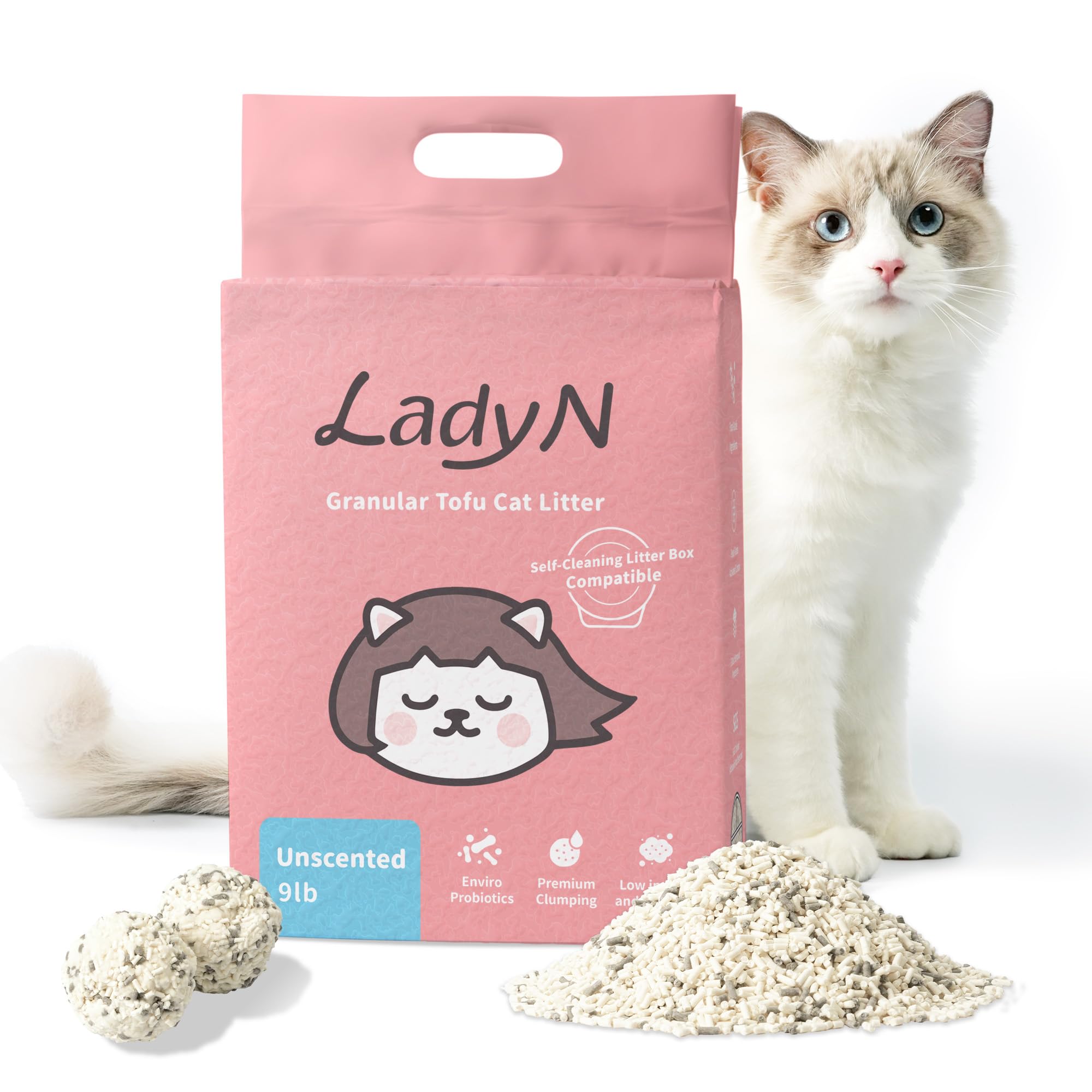 Lady N Granular Tofu - Mini-pellet de arena para gatos compatible con caja de arena automática para gatos, arena natural ultra absorbente, bajo seguimiento, carbón activado con control de olores, 9