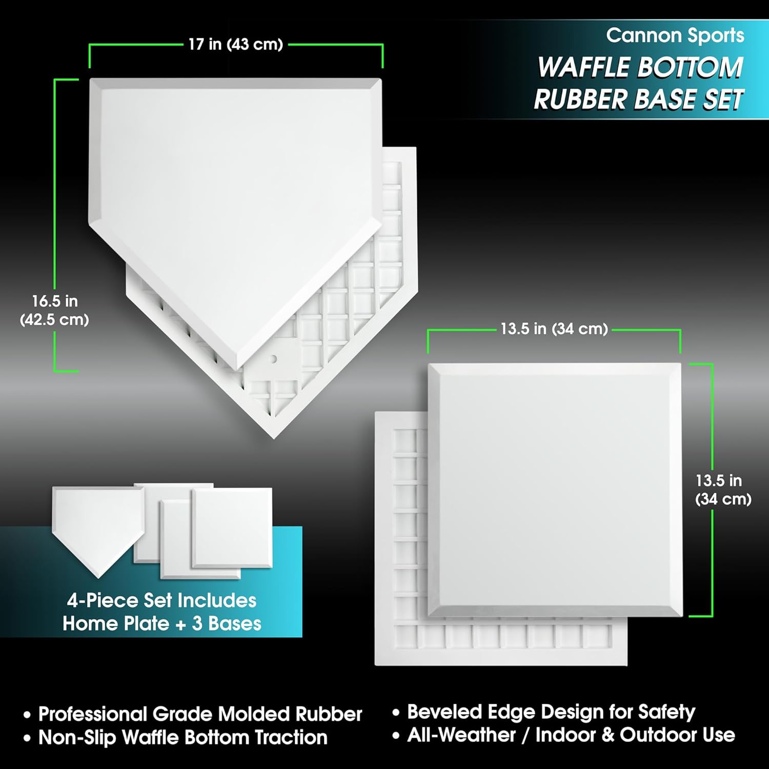 Cannon Sports Baseball & Softball 4-Piece Premium Base Set – Includes 3 Waffle Bottom Bases and 1 Home Plate – Heavy-Duty Rubber, All-Weather Indoor & Outdoor Use – White Portable Non-Slip Bases