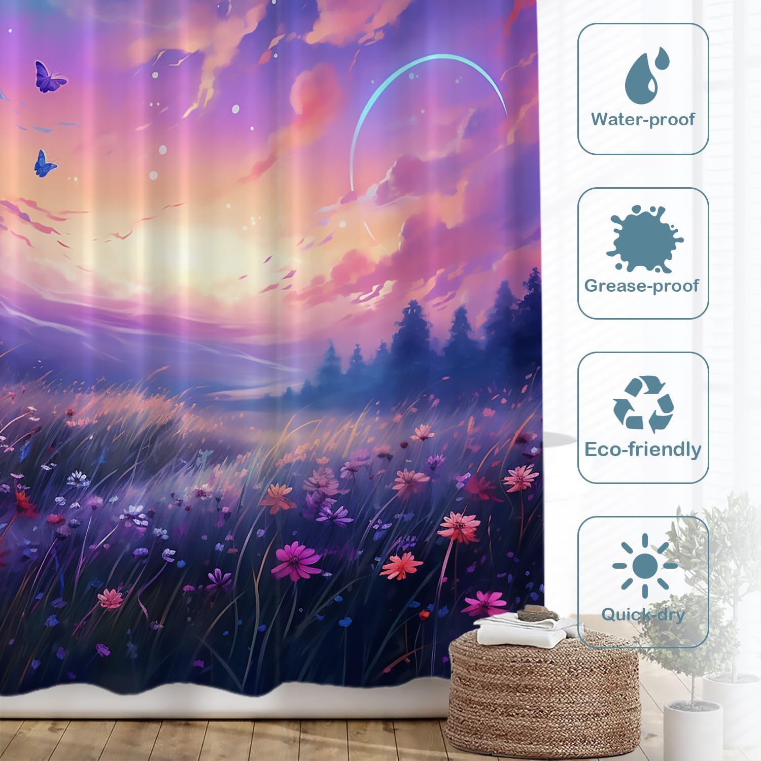 Batmerry Sunset Flowers Sky Decor Shower Curtain, Beautiful Sunset Over Meadow Bathroom Decor Polyester Fiber Plastic Rings Quick-Drying Waterproof for Bathtubs/Bathroom, 72x60 inches