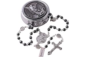 Saint Michael the Archangel Hematite and Silver Rosary Necklace with a Metal...
