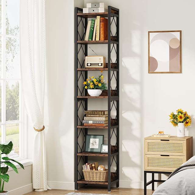 Tribesigns 78.7 Inch Extra Tall Narrow Librairie, 7 Bibliothèque Tier Skinny pour les petits espaces, étagères d'affichage autonome, organisateur multifonctionnel de rangement de coin pour le bureau à domicile, Rustic Brown