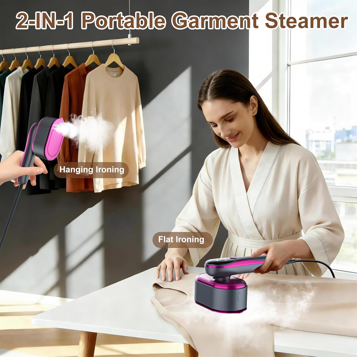 KOKABI 2-in-1 Travel Steamer Iron for Clothes, 1200W Mini Handheld Garment Steamer, 4 Modes with LED Display, Powerful Wrinkle Remover for Home & Travel, 10S Fast Heat-Up, 90° Rotation Ironing
