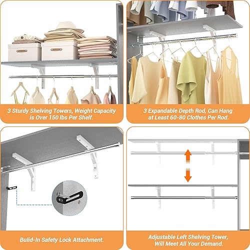 Miniatura 4 de Armocity Sistema de armario de 96 pulgadas, organizador de armario de 8 pies con 3 torres de estanterías, armario de dormitorio resistente con 5